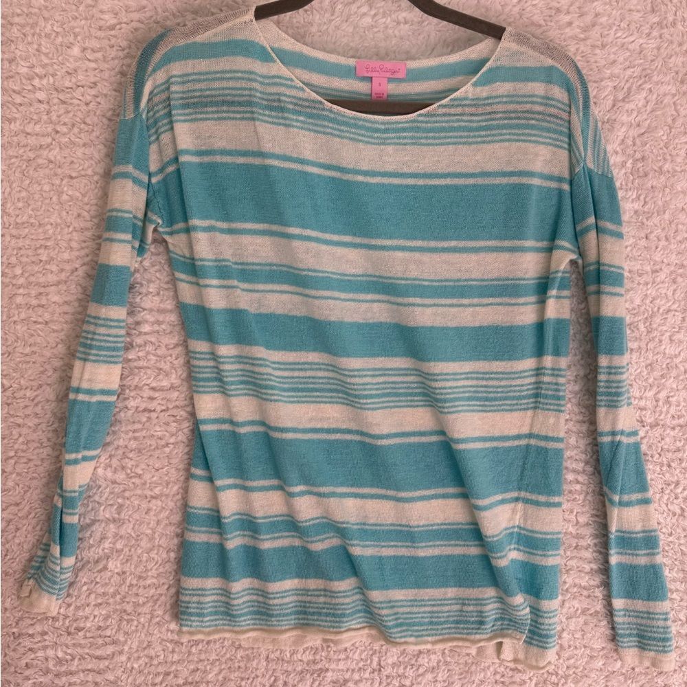 small- Lilly Pulitzer Teal and white Striped Long Sleeve Top linen sweater
